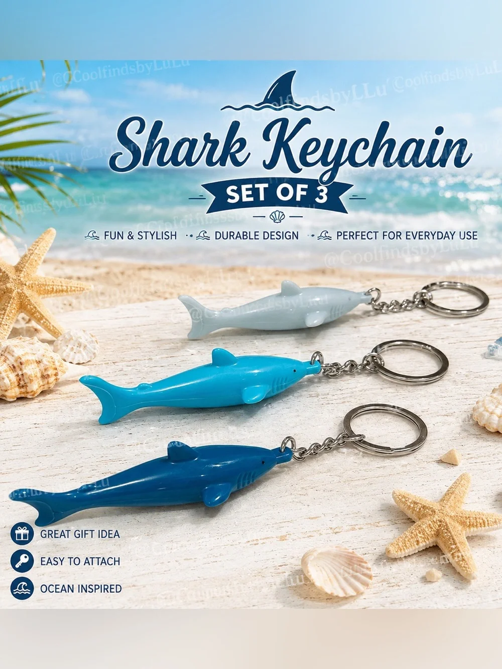Shark Keychain Set of 3 - Blue Ombre Marine Keychains